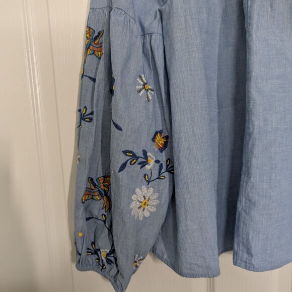 Crown & Ivy Embroidered Shirt Womens Size Medium Blue Floral Bird Beaded Tassels - Picture 10 of 14